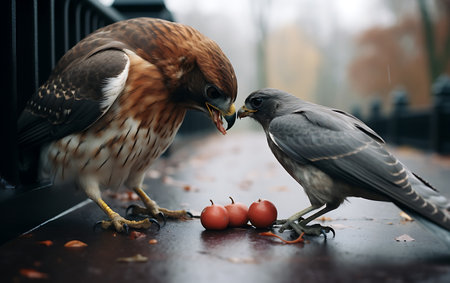 Red-tailed hawk (Buteo jamaicensis) feeding a falconの素材