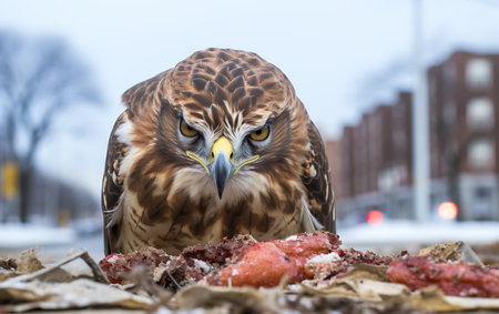 Common buzzard (Buteo buteo) eating a piece of meatの素材