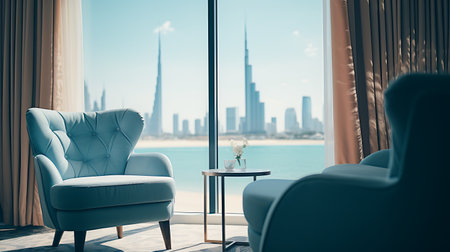 Luxury living room interior with blue armchair, coffee table and city view. 3D Renderingの素材