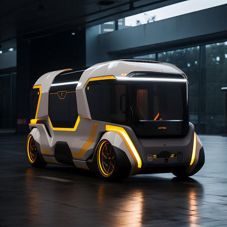 3D rendering of a brand-less generic electric car in a futuristic environmentの素材