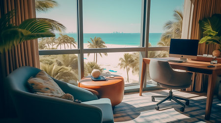 Modern office interior with panoramic view of the sea and palm treesの素材