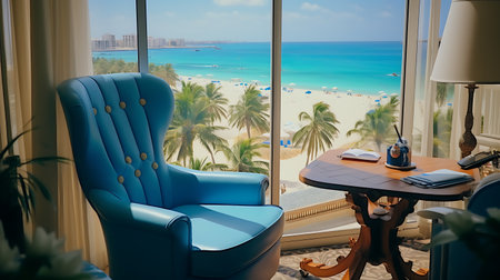Luxury hotel room with sea view, table and blue armchairの素材