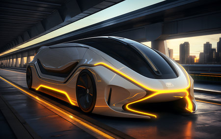 3D rendering of a high speed electric car in a futuristic cityの素材