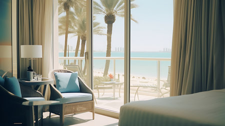 Luxury hotel room interior with sea view and blue armchairsの素材