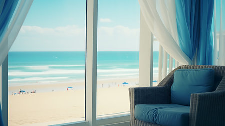 Sea view from the window on the beach with blue sofa and blue curtainsの素材