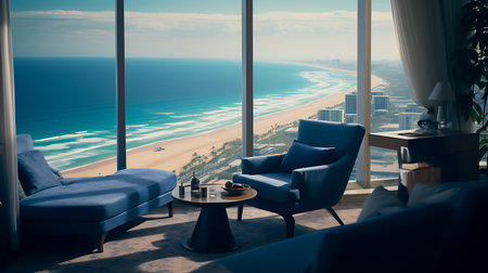 Luxury hotel lounge with sea view and blue armchairs.の素材