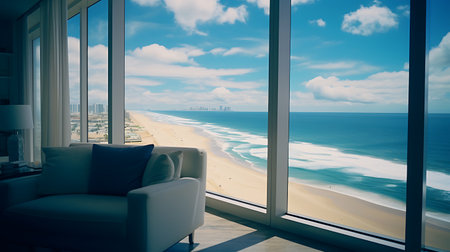 Beach and sea view from the window of a modern house.の素材