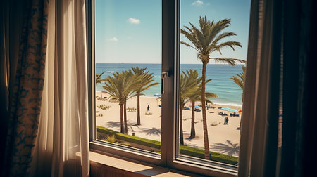 view from the window on the beach and palm trees in the foregroundの素材