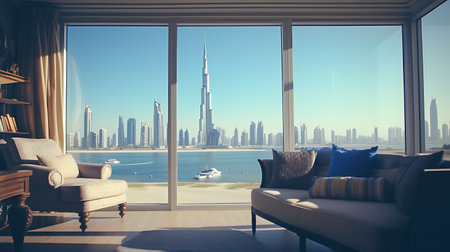 Living room interior with a panoramic view of the skyscrapers and the sea. 3D Renderingの素材