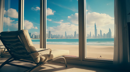 Beach chair near the window with the view of the skyscrapersの素材