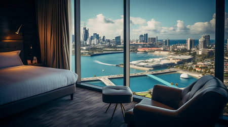 Luxury hotel room with swimming pool and view of the cityの素材