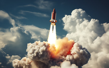 Rocket taking off into the sky. Mixed media. Mixed media. Mixed mediaの素材