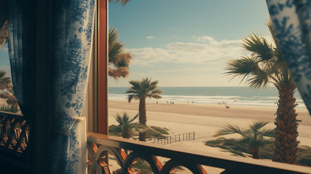 View from the window to the sea, palm trees and sandy beachの素材