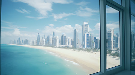 Dubai, United Arab Emirates. Panoramic view from the window of a modern office buildingの素材