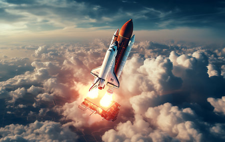 Space rocket flying high in the sky. Mixed media. Mixed mediaの素材