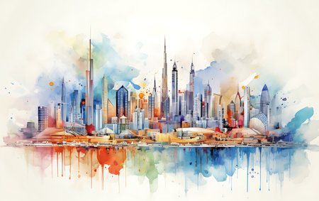 Dubai skyline on watercolor painting background. Digital art painting.の素材