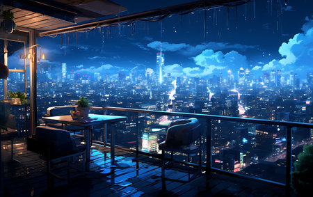 View of the night city from the balcony. 3D rendering.の素材
