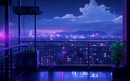 Balcony with night view of the city. Vector illustration.の素材