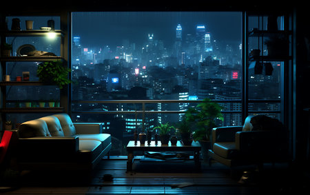 Modern living room interior with night city view. 3D Renderingの素材