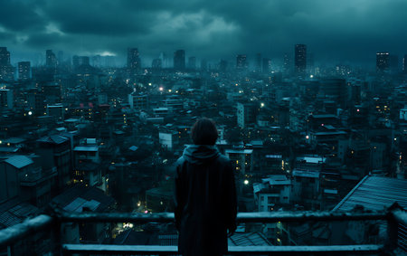 Silhouette of a man looking at the city from the balcony.の素材