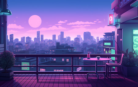 Night city view with tables and chairs. Vector illustration in neon styleの素材