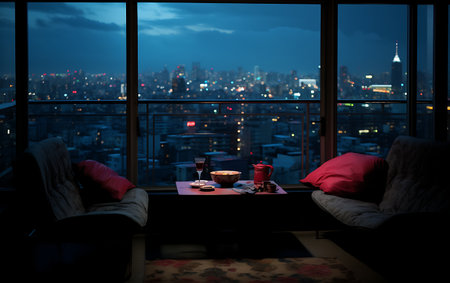 Coffee in a restaurant with view of the city at nightの素材