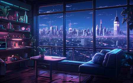 3d rendering of a night city scape with a coffee table and a big windowの素材