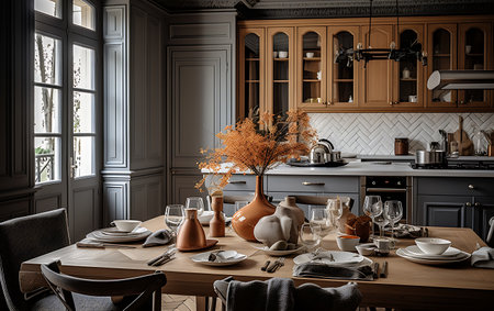 Luxury classic kitchen interior design. 3D Rendering.の素材
