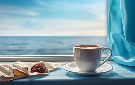 Coffee cup and cookies on the window sill by the seaの素材