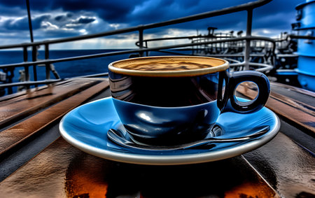 Cup of coffee on the deck of a cruise ship. Toned.の素材