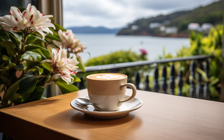 Coffee cup on table in coffee shop with sea view backgroundの素材