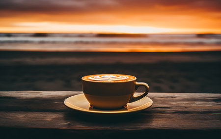 Coffee cup on wooden table with sunrise and sea background.の素材