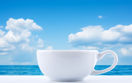 Coffee cup on the table with sea and sky background.の素材