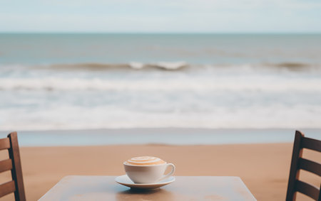 Coffee cup on table with sea and beach background - Vintage filterの素材