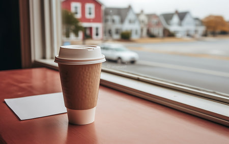 Coffee to go in a disposable cup on the windowsillの素材
