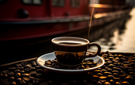 Coffee cup and coffee beans on the background of the riverの素材