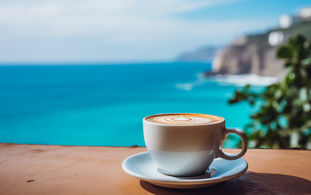 Coffee cup on the table with beautiful sea view background.の素材