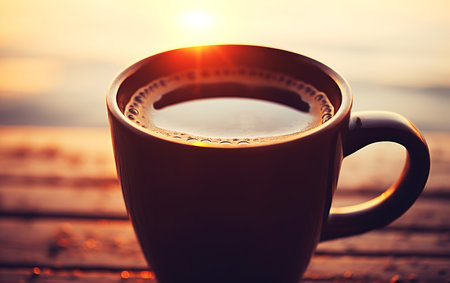 Coffee cup on the wooden table at sunrise. Selective focusの素材