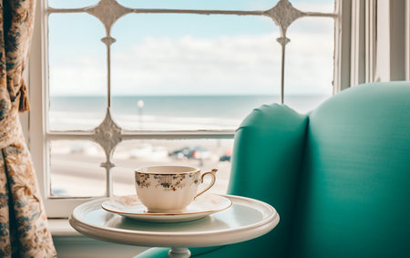 Cup of coffee on a table in a cafe near the seaの素材