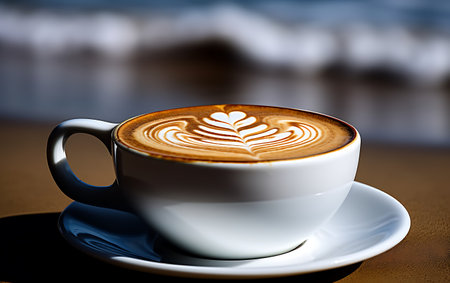 Cup of coffee with latte art on the beach background.の素材