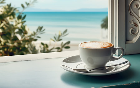 Coffee cup on table in coffee shop with sea view backgroundの素材