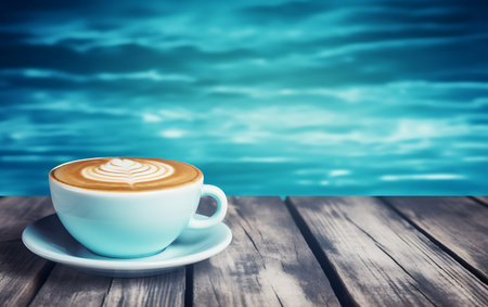Cup of coffee on the wooden table with blue sky background.の素材