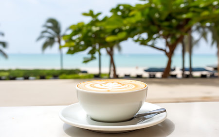 Latte art coffee on the table with sea and beach background.の素材