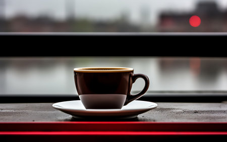 Cup of coffee on the window sill at the morning time.の素材