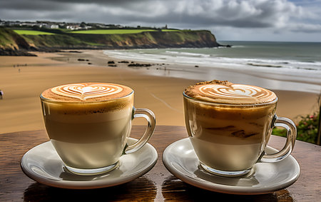 Two cups of cappuccino or latte art coffee on wooden table with sea view backgroundの素材