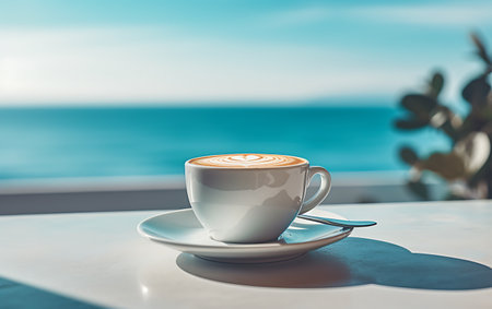 Coffee cup on table in coffee shop with sea view backgroundの素材