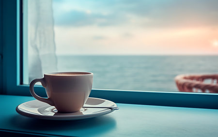 Coffee cup on the windowsill with sea view background.の素材