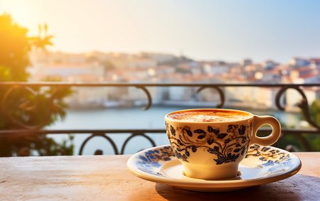 Coffee cup on the terrace with cityscape background.の素材