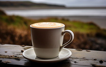 Coffee cup on a wooden table with beautiful sea view.の素材