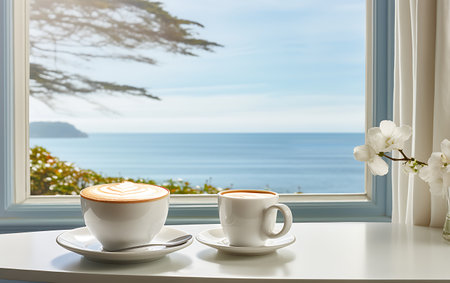 Two cups of cappuccino or latte coffee on table with sea view backgroundの素材